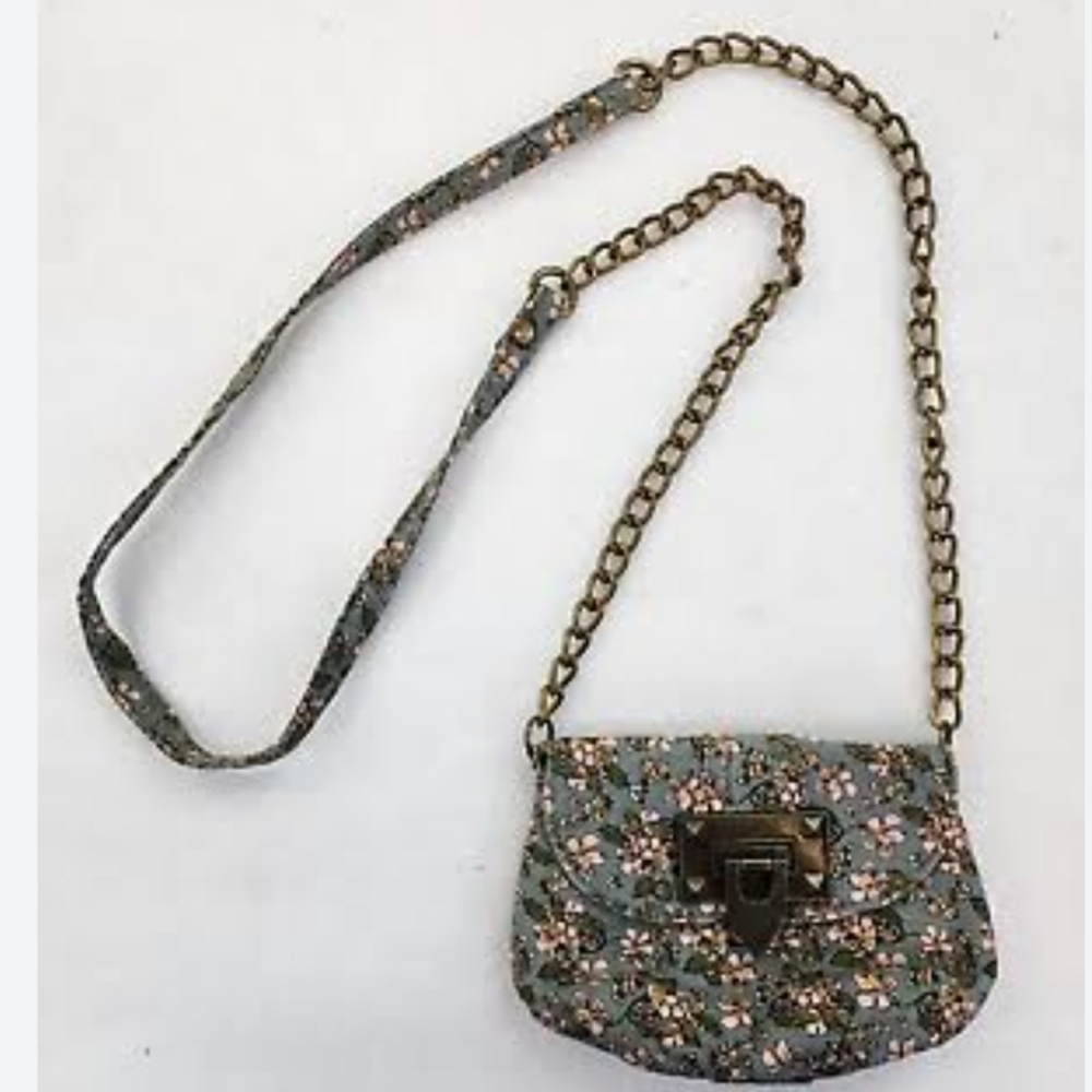 Mini crossbody Purse Micro Floral blue toggle clasp chain strap pockets